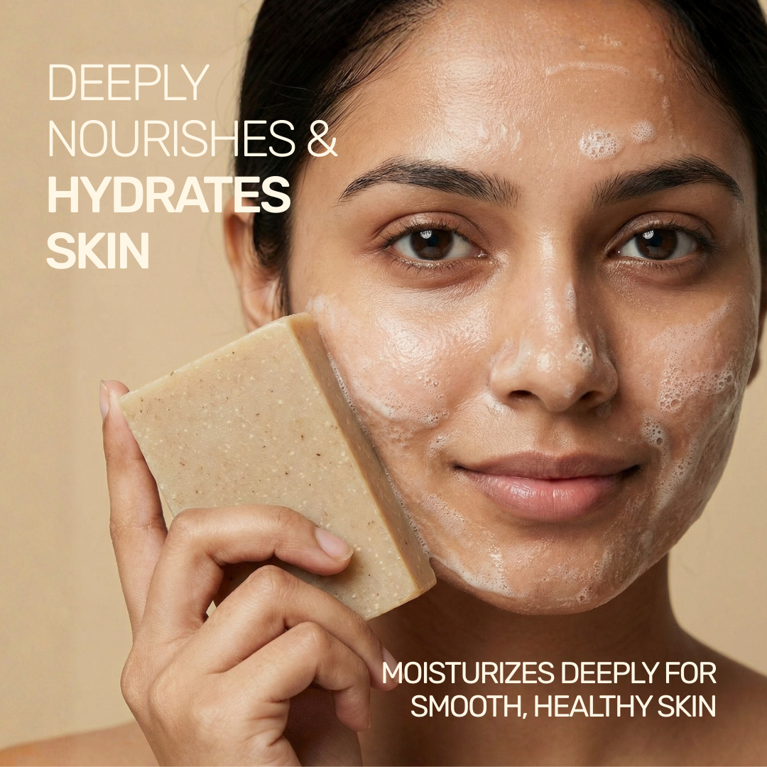 Aarogya soap graphic detailing how it can deeply nourish and hydrate the skin, leaving it healthy and soft.