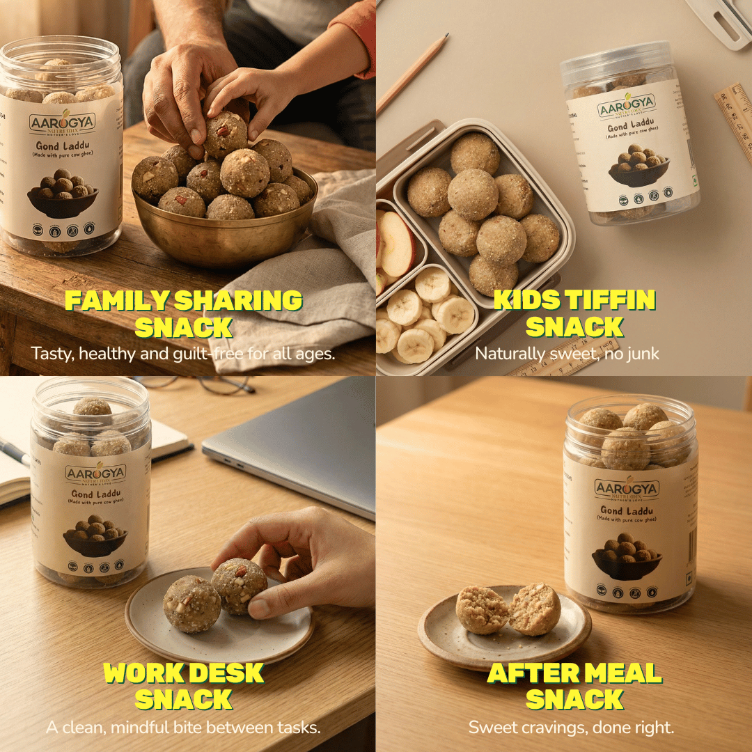 Four-panel graphic showing Aarogya Gond Laddu as a family treat, kids' school tiffin snack, and office desk bite.