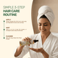 Usage routine infographic for Aarogya hair oil detailing the apply, wait, and cleanse steps.