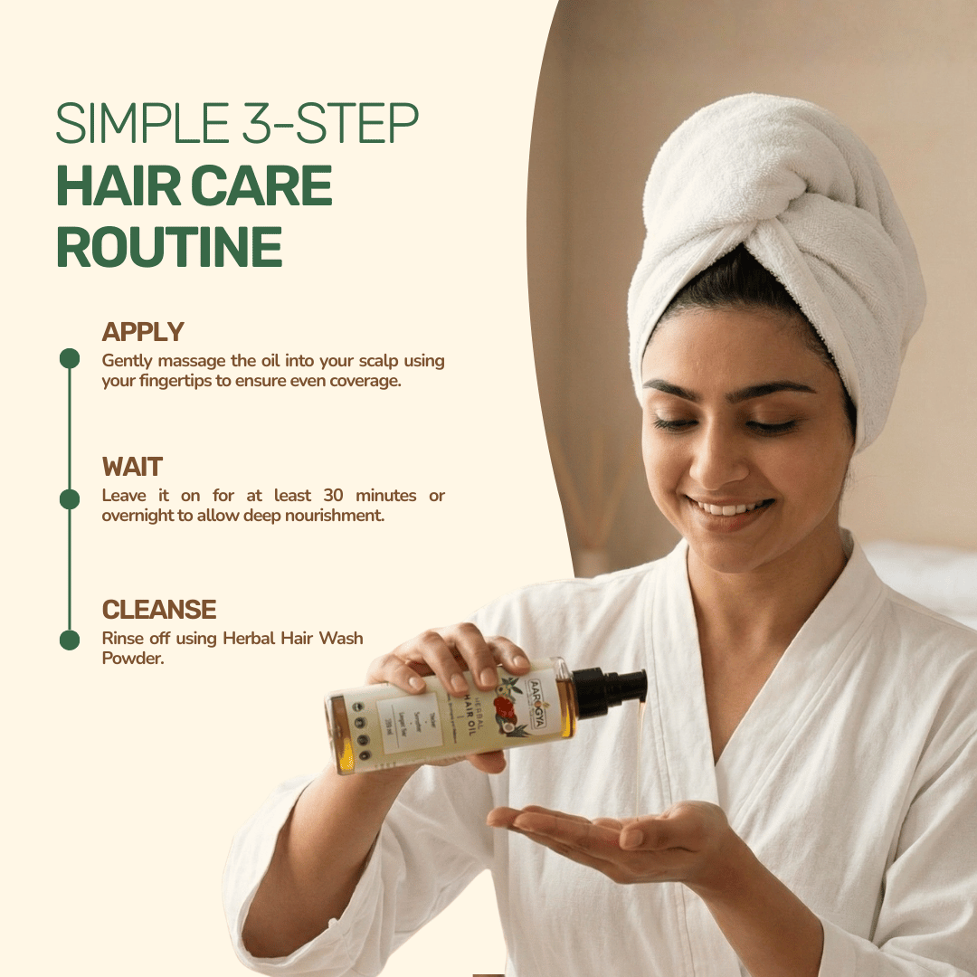 Usage routine infographic for Aarogya hair oil detailing the apply, wait, and cleanse steps.