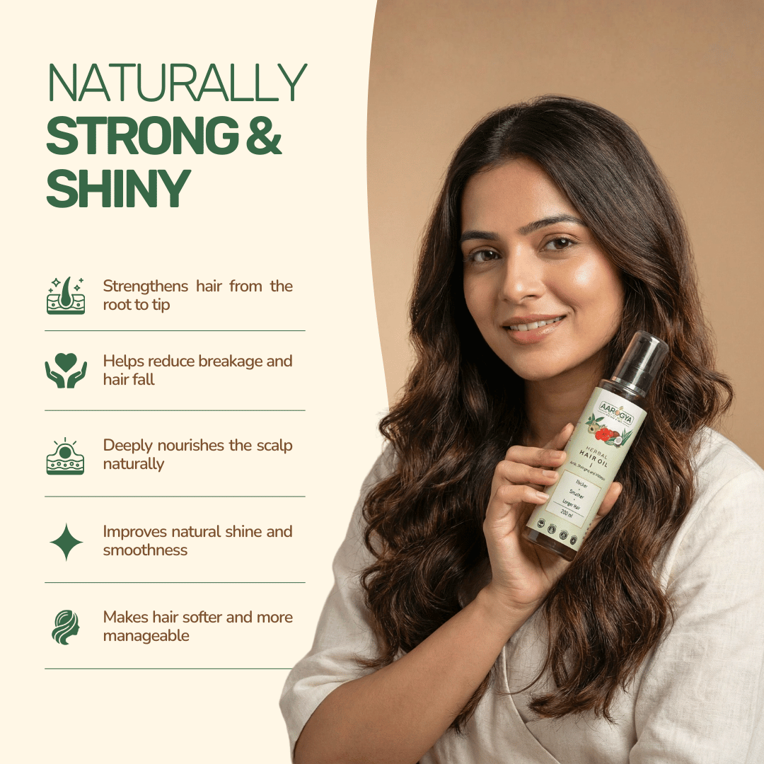 Benefits infographic for Aarogya hair oil detailing root strength, hair fall reduction, and shine.