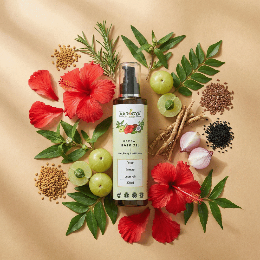 Ingredient infographic for Aarogya hair oil showcasing raw amla, hibiscus, and onion for root nourishment.