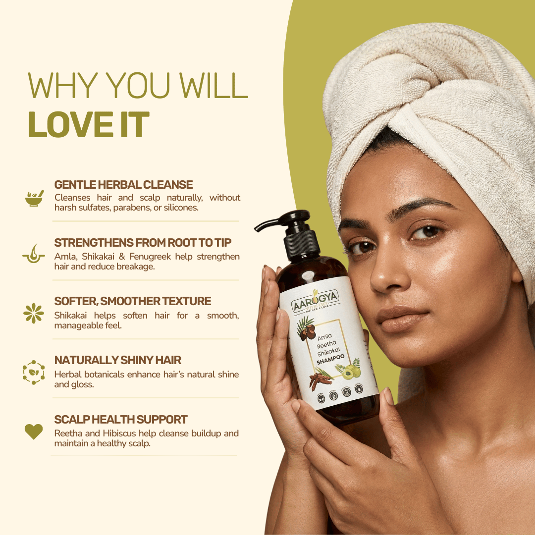 Aarogya natural shampoo infographic detailing hair benefits like gentle herbal cleanse, scalp support, and hair strengthening