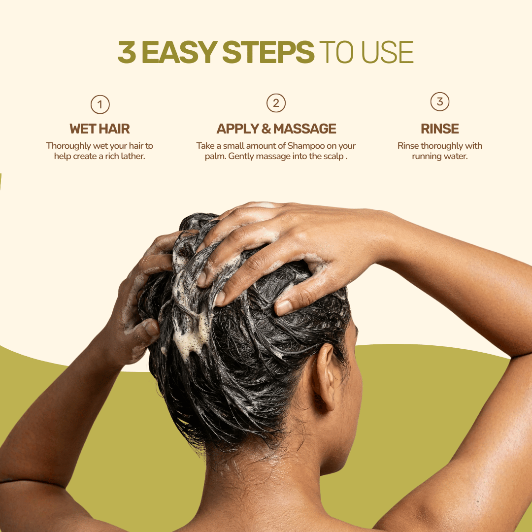 How to use Aarogya herbal shampoo infographic outlining three easy steps: wet hair, apply and massage, and rinse