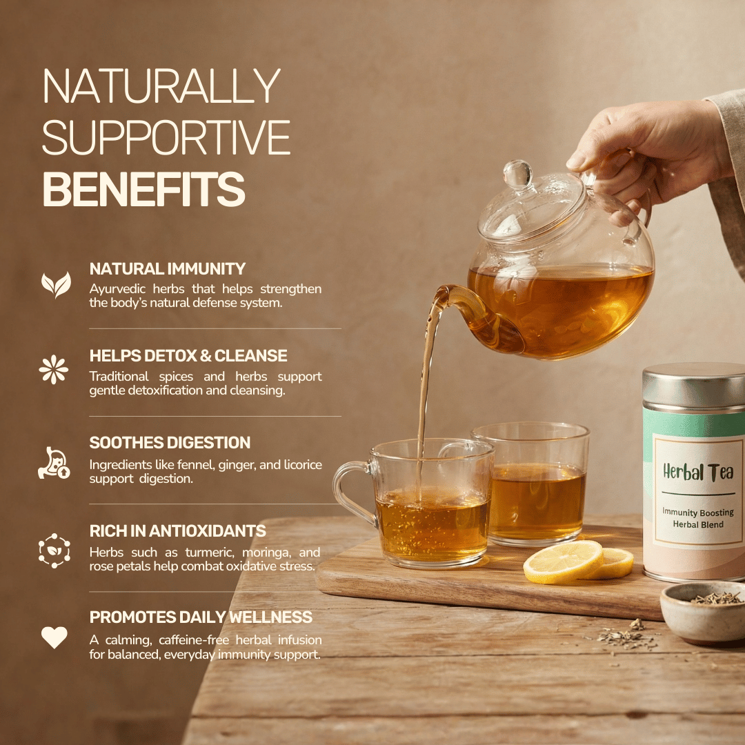 An infographic outlining the health benefits of Aarogya herbal tea like immunity, detox, and digestion as it is being poured.