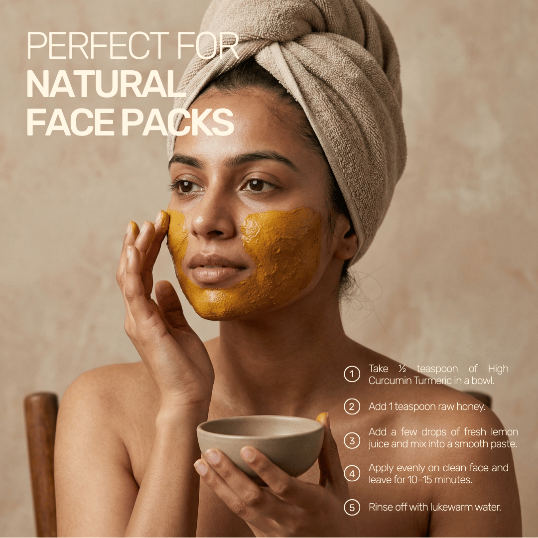A woman applying a DIY face pack made from Aarogya high curcumin turmeric, raw honey, and lemon for natural skincare.