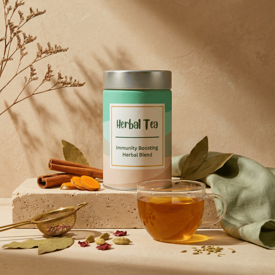 A canister of Aarogya immunity boosting herbal tea next to a clear mug of brewed tea, cinnamon, and fresh turmeric.