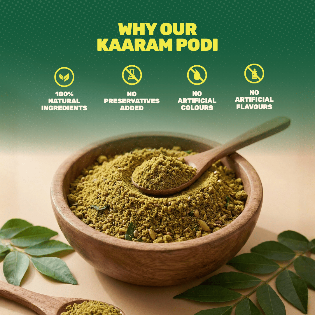 Aarogya Kaaram Podi – 100% natural ingredients, no preservatives, no artificial colours or flavours, served in a wooden bowl with curry leaves