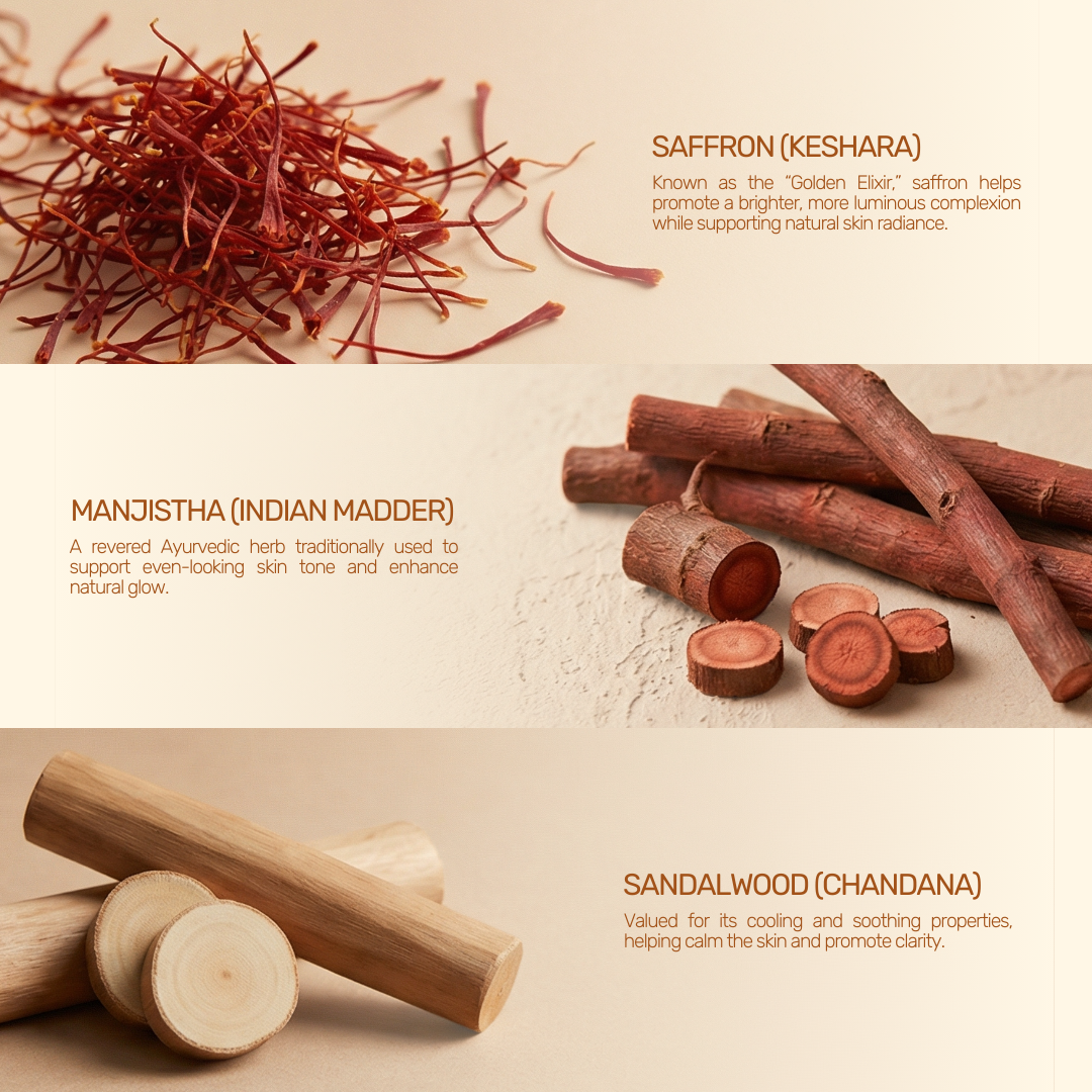 Aarogya Nutri Mix Kumkumadi Thailam hero herbs – saffron for radiance, manjistha for even skin tone and sandalwood for cooling clarity