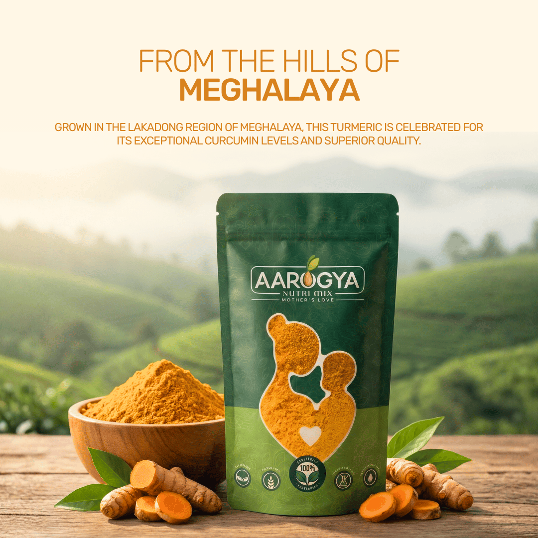 Aarogya Lakadong turmeric pouch on a wooden table with raw roots, featuring a scenic backdrop of misty Meghalaya hills.