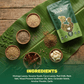 Ingredients infographic for Aarogya Idli Podi showing raw moringa, curry leaves, sesame seeds, and garlic.