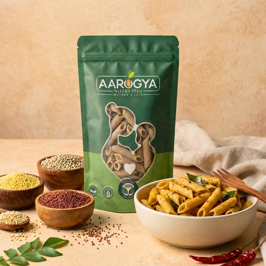Healthy multi-millet penne pasta pouch displayed alongside a freshly prepared bowl of cooked penne pasta