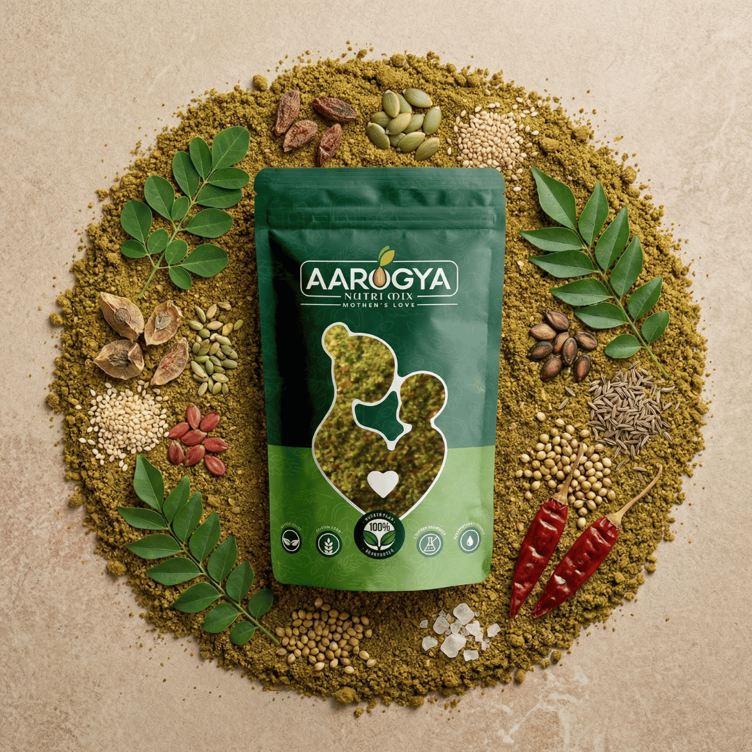 A pack of Aarogya Multi Vitamin Kaaram Podi chutney powder rich in vitamins, calcium, and minerals for daily nutrition.