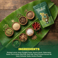 An ingredient infographic for Aarogya Kaaram Podi showing moringa, amla, pumpkin seeds, and spices on a banana leaf.