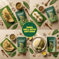 A culinary infographic showing Aarogya Kaaram Podi paired with four dishes: dosa, steaming idli, flatbread, and ghee rice.