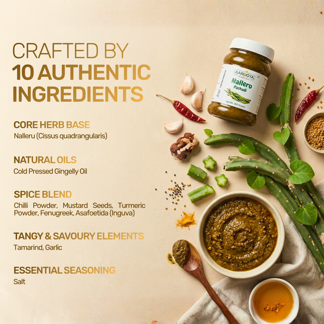 Infographic showing 10 authentic ingredients in Aarogya Nutrimix Nalleru Pachadi, including ging