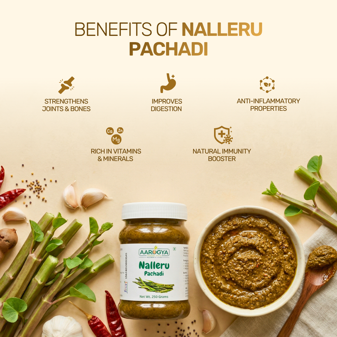 Health benefits infographic of Aarogya Nutrimix Nalleru Pachadi showing joint strength, immunity, and digestion support.