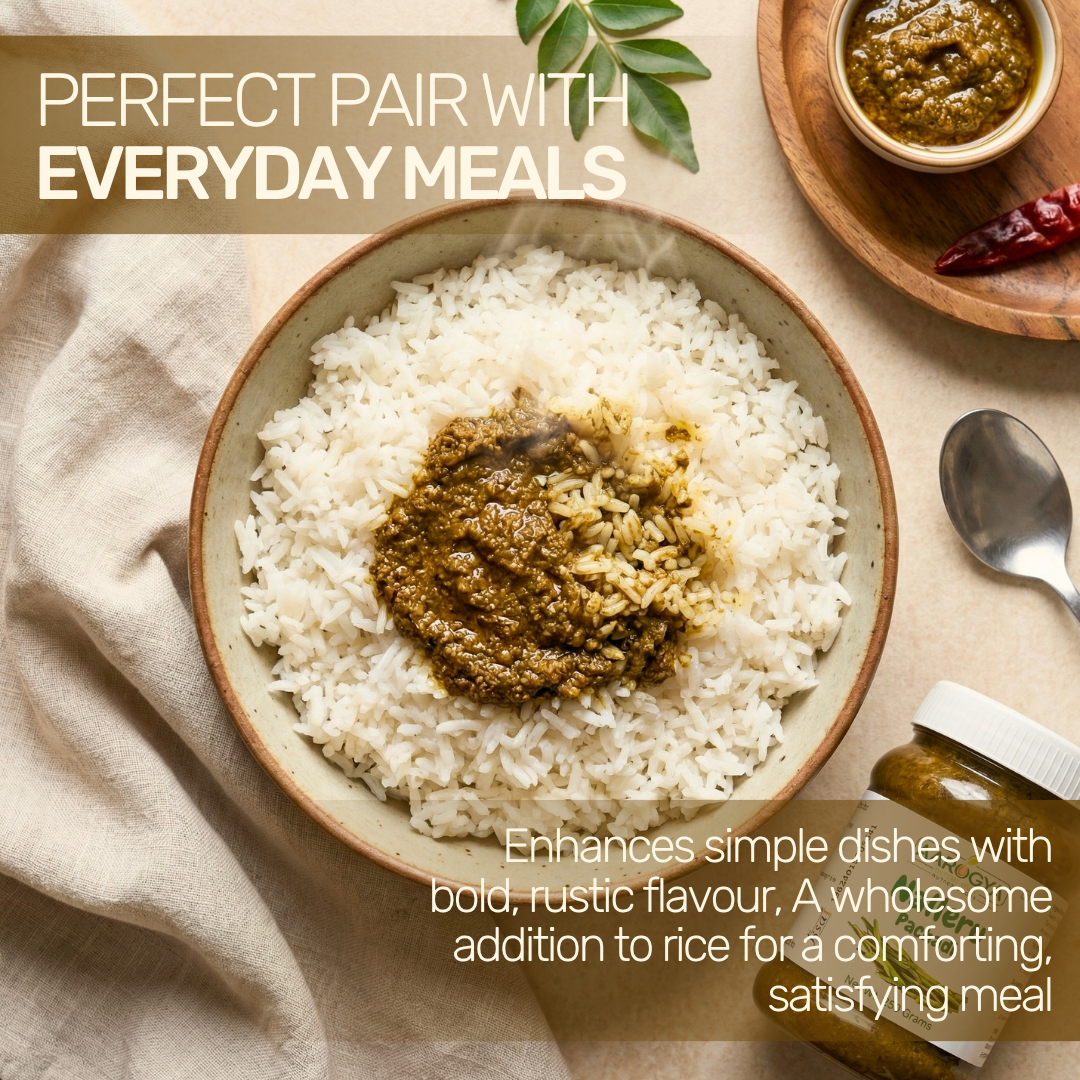 Nalleru pachadi veldt grape chutney mixed with hot rice, curry leaves, and red chilies for daily meals.