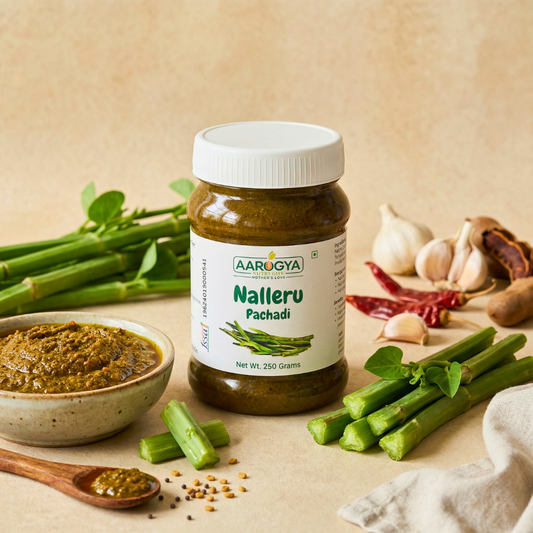Aarogya Nutrimix Nalleru Pachadi jar with fresh cissus quadrangularis stems, tamarind, red chilies, and garlic