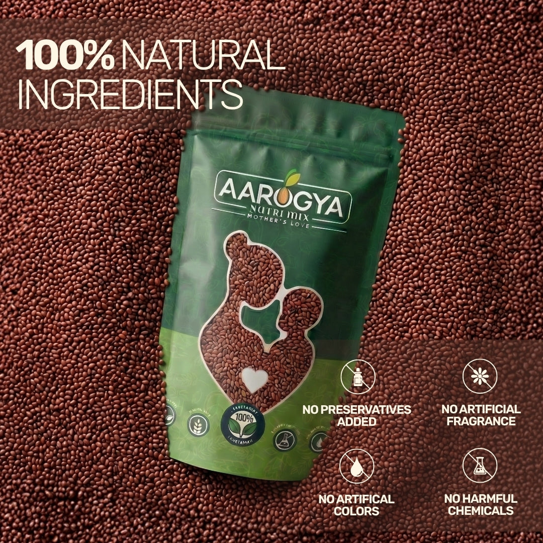 Aarogya Nutrimix Aliv seeds pouch on raw seeds, free from preservatives, artificial colors, fragrance, and chemicals