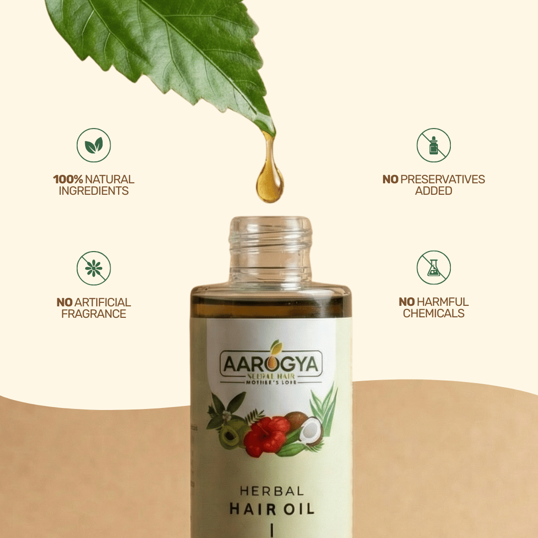 Aarogya hair oil quality graphic showing a natural leaf droplet with no artificial fragrance or chemicals.