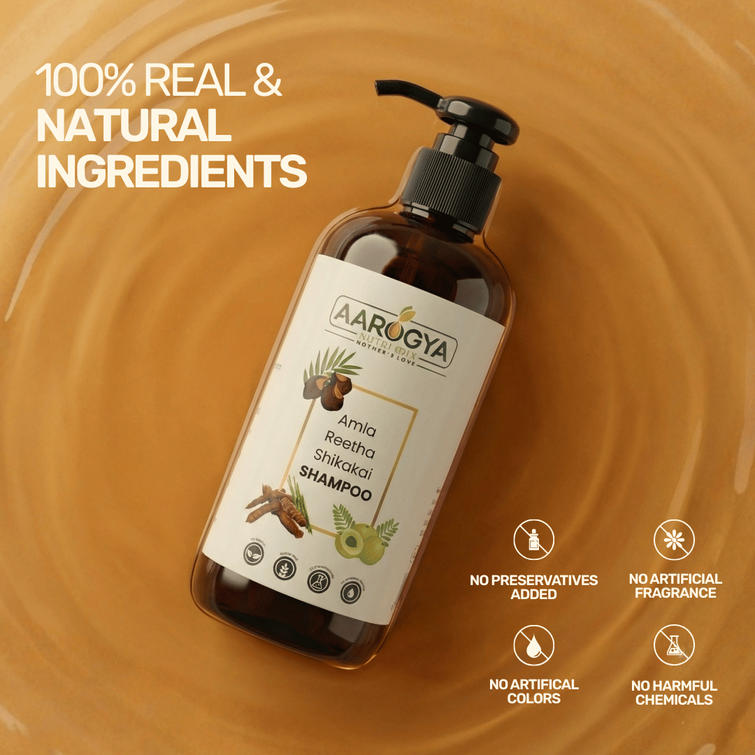 Aarogya Shampoo banner highlighting 100% real and natural ingredients with no preservatives, artificial fragrance, colors, or harmful chemicals.