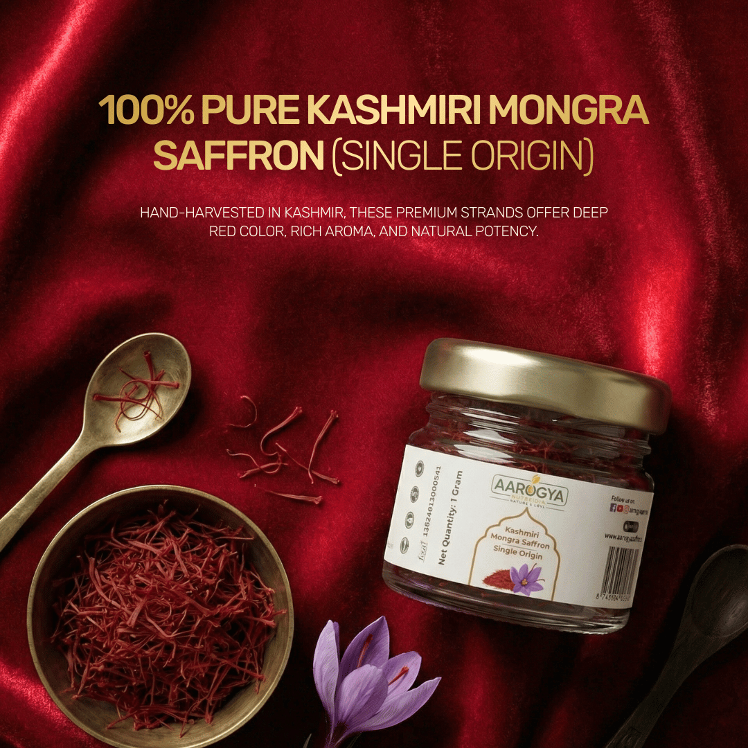 Aarogya Nutri Mix 100% pure Kashmiri Mongra Saffron single origin glass jar with deep red strands, saffron flower and golden spoon