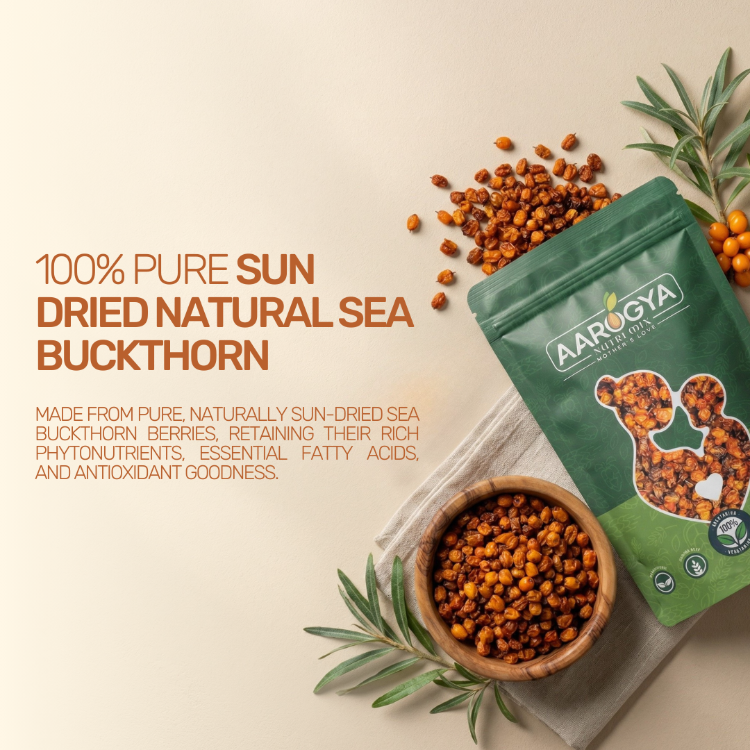 Aarogya Nutri Mix 100% pure sun dried sea buckthorn berries in green pouch and wooden bowl with fresh sprigs on linen