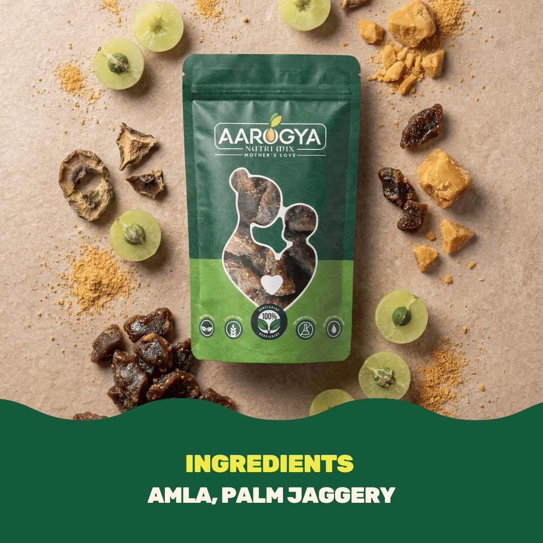 Aarogya Nutri Mix amla candy pouch surrounded by raw ingredients including fresh gooseberries and chunks of palm jaggery.
