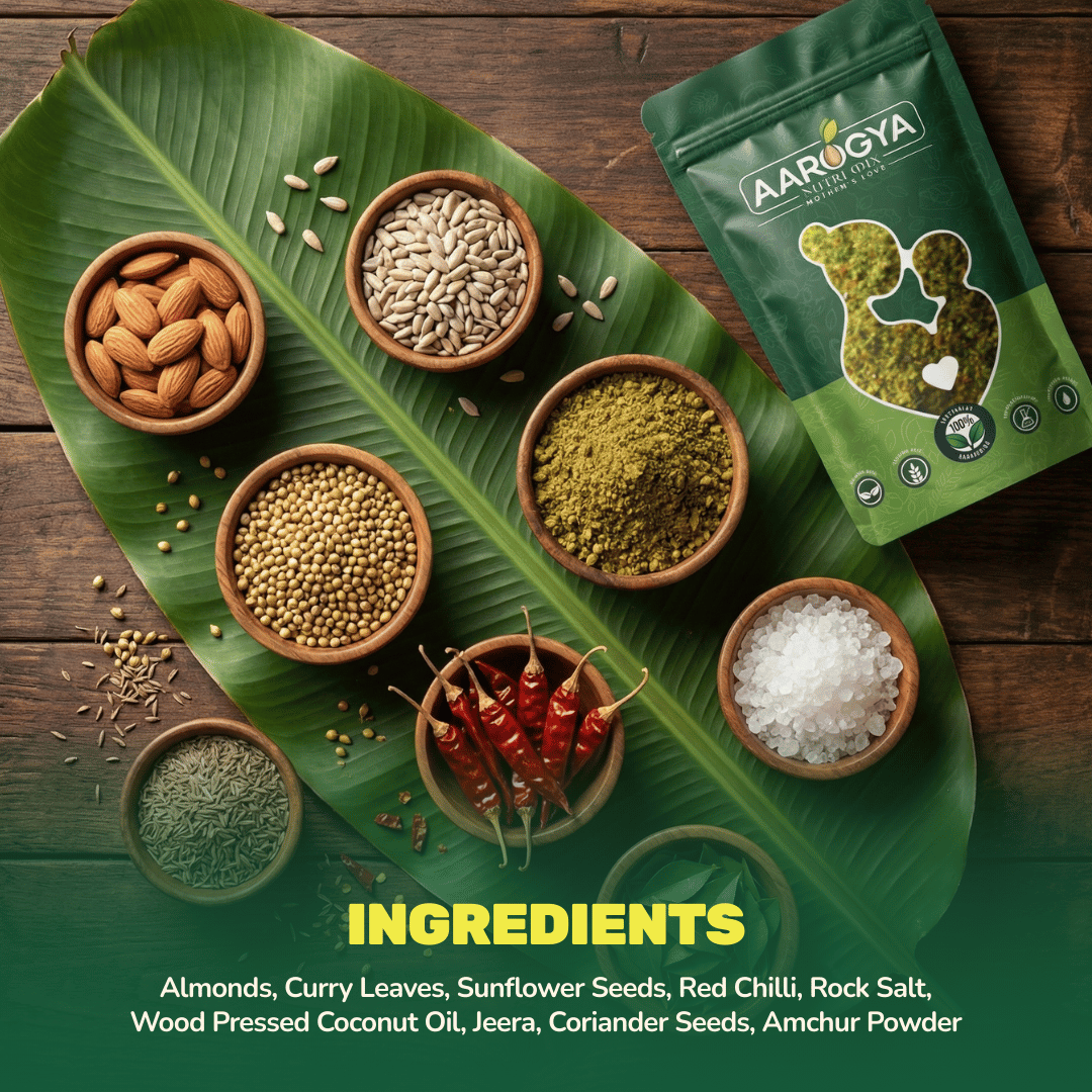 Aarogya Nutri Mix Chutney Podi ingredients – almonds, curry leaves, sunflower seeds, red chilli, jeera and coriander seeds in wooden bowls