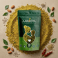 arogya Nutri Mix Curry Leaves Almond Chutney Podi in a green resealable pouch with fresh curry leaves, almonds and whole spices
