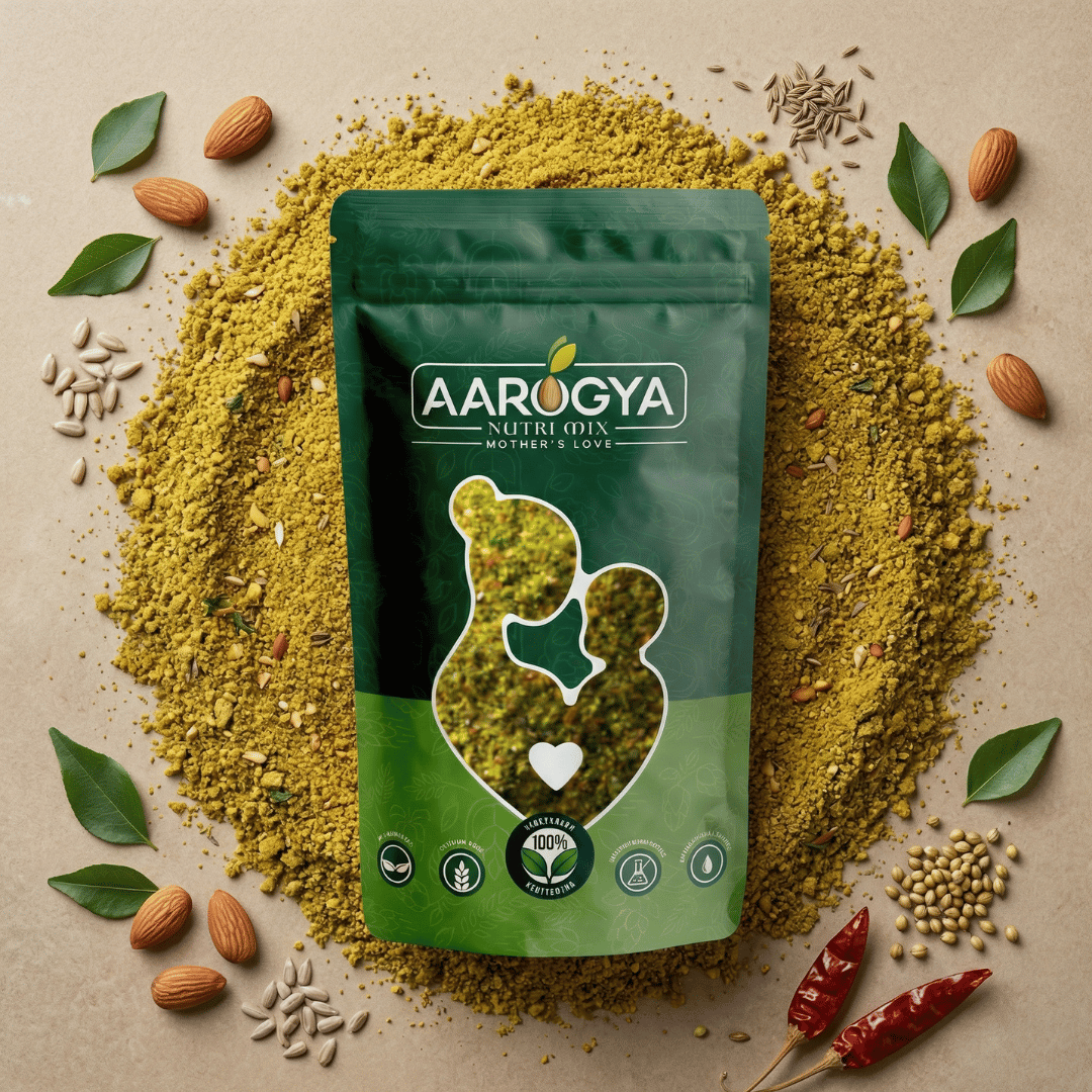 arogya Nutri Mix Curry Leaves Almond Chutney Podi in a green resealable pouch with fresh curry leaves, almonds and whole spices