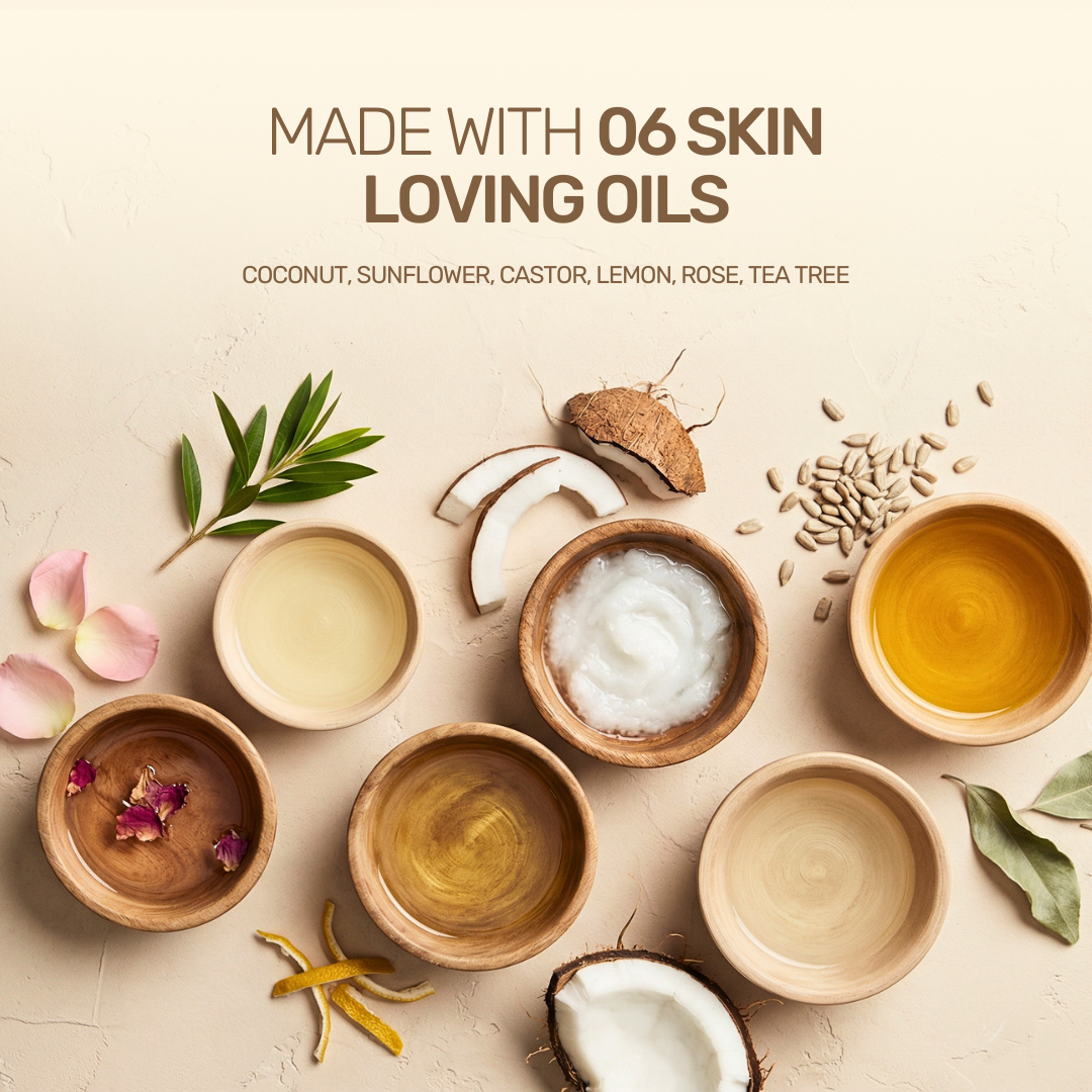 Aarogya Nutri Mix De Tan Soap made with 6 skin-loving oils – coconut, sunflower, castor, lemon, rose and tea tree in wooden bowls