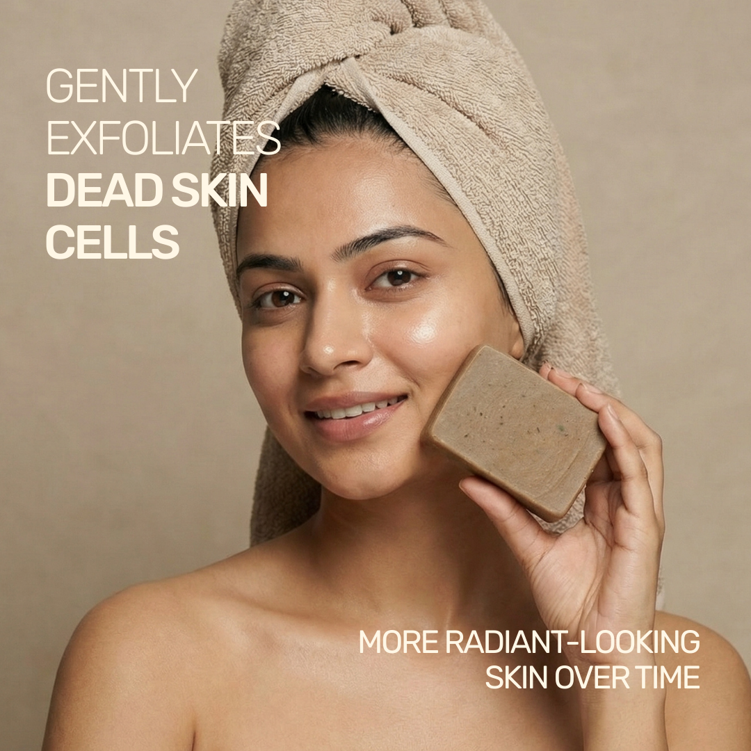 Aarogya Nutri Mix De Tan Soap gently exfoliates dead skin cells for more radiant-looking skin – woman applying herbal soap on face