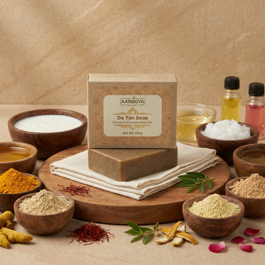 Aarogya Nutri Mix De Tan Soap 120g with turmeric, saffron, rose petals, coconut and herbal powders on wooden board for radiant skin