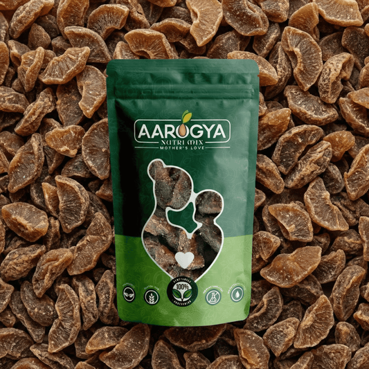 Aarogya Nutri Mix natural dried amla candy green pouch on a textured background of sun-dried gooseberry pieces.