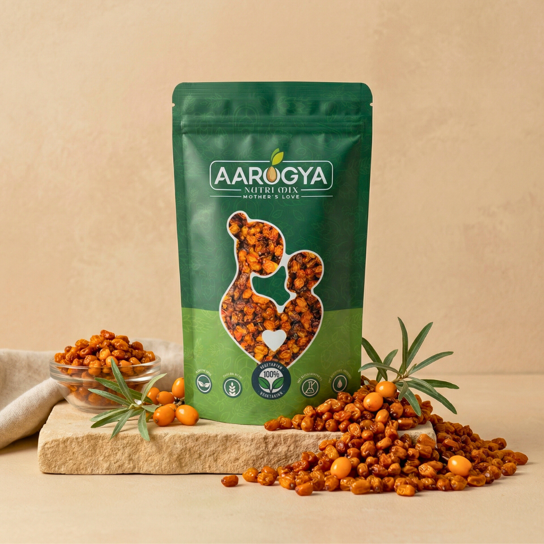 Aarogya Nutri Mix Dried Sea Buckthorn Berries in green resealable pouch – omega 3 6 7 9 and vitamin C rich superfood with fresh berries