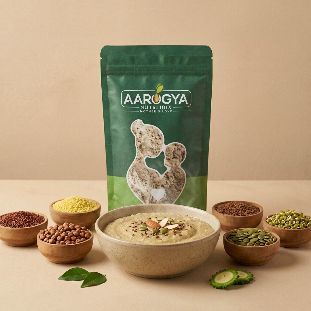 Bowl of warm multigrain porridge topped with nuts, served next to Aarogya Nutri Mix pouch and bowls of raw seeds