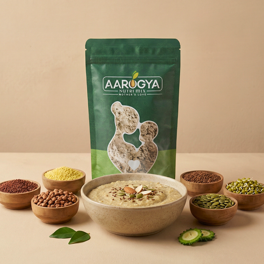 Bowl of warm multigrain porridge topped with nuts, served next to Aarogya Nutri Mix pouch and bowls of raw seeds