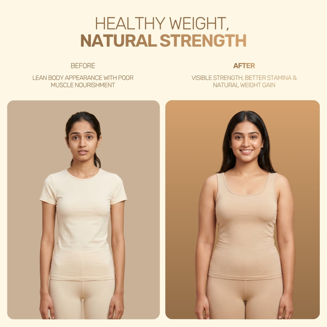 Aarogya Nutri Mix supports healthy weight gain, muscle nourishment, strength and stamina with nutrient-rich natural ingredients.