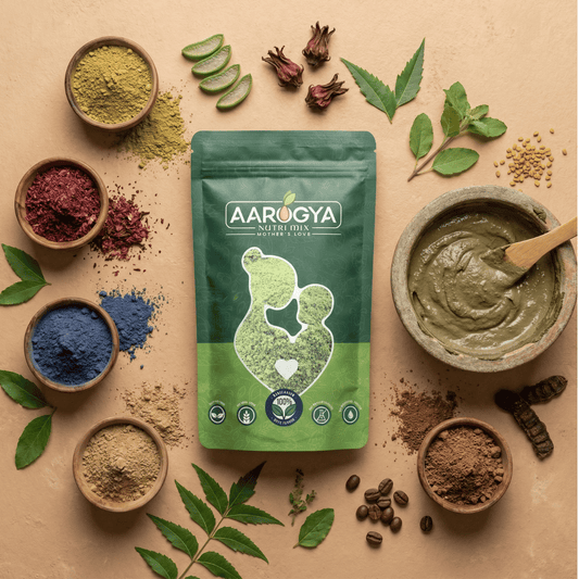 Aarogya Nutri Mix herbal hair dye pouch surrounded by natural powder ingredients like henna, indigo, neem, and hibiscus.