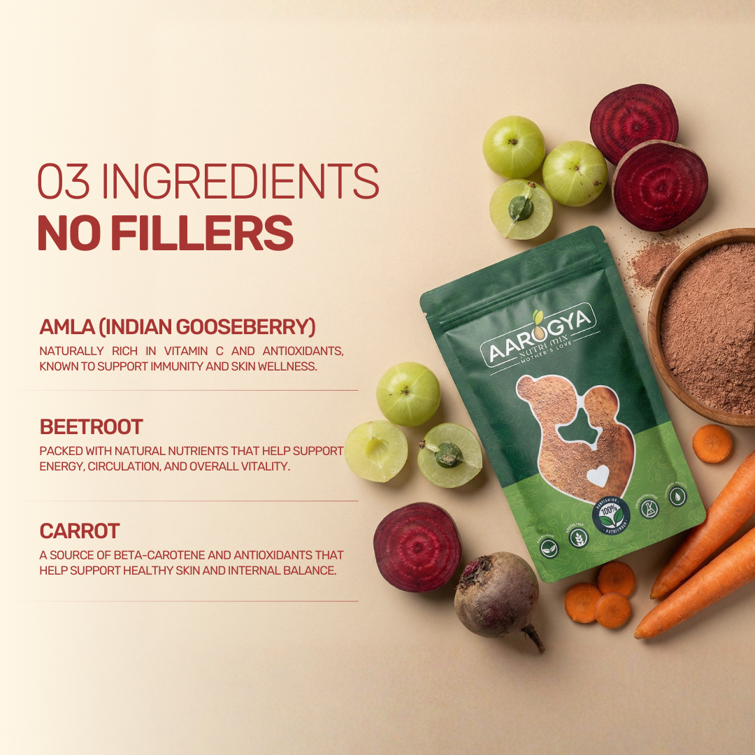 Aarogya Nutri Mix health powder package with fresh amla, beetroot, and carrot ingredients.