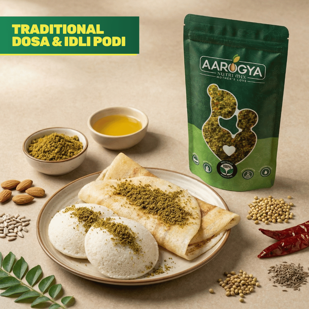 Aarogya Nutri Mix Kaaram Podi sprinkled over idli and dosa on a plate with ghee, almonds, red chilli and coriander seeds