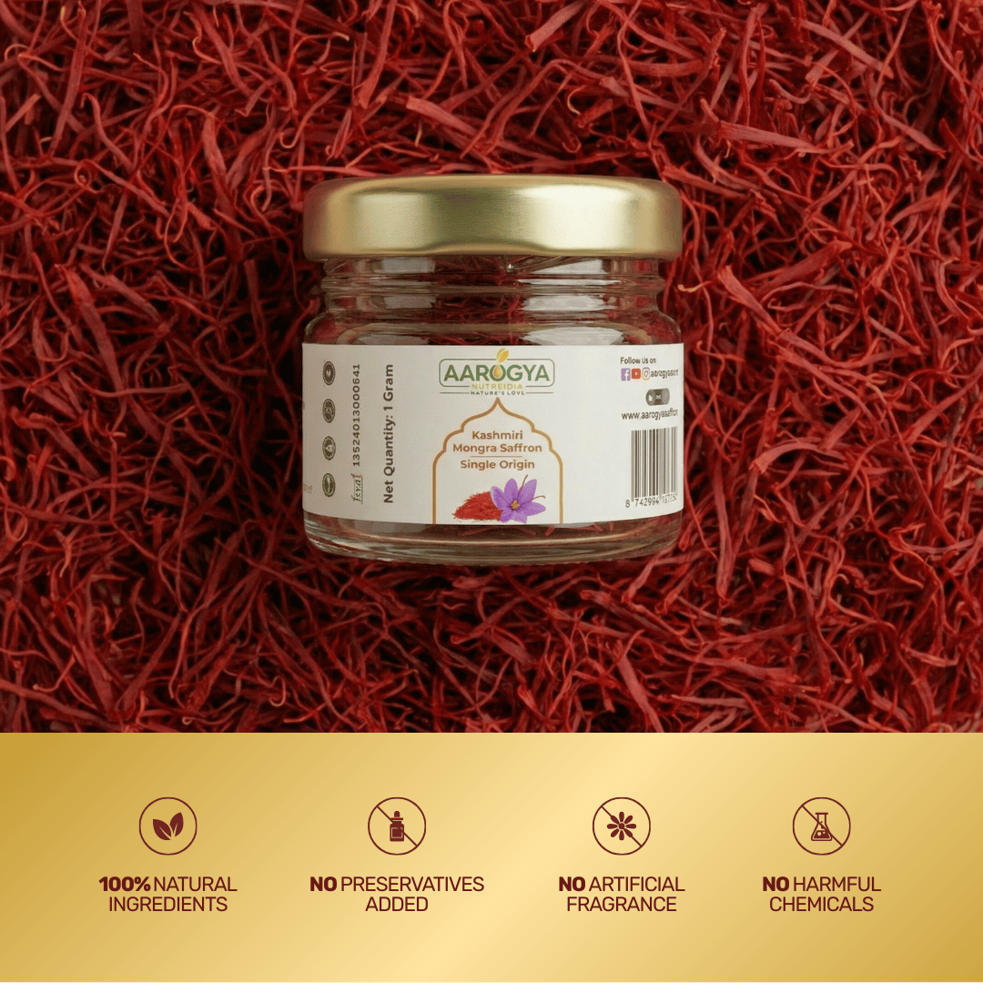 Aarogya Nutri Mix Kashmiri Mongra Saffron 1 gram jar – 100% natural, no preservatives, no artificial fragrance, no harmful chemicals