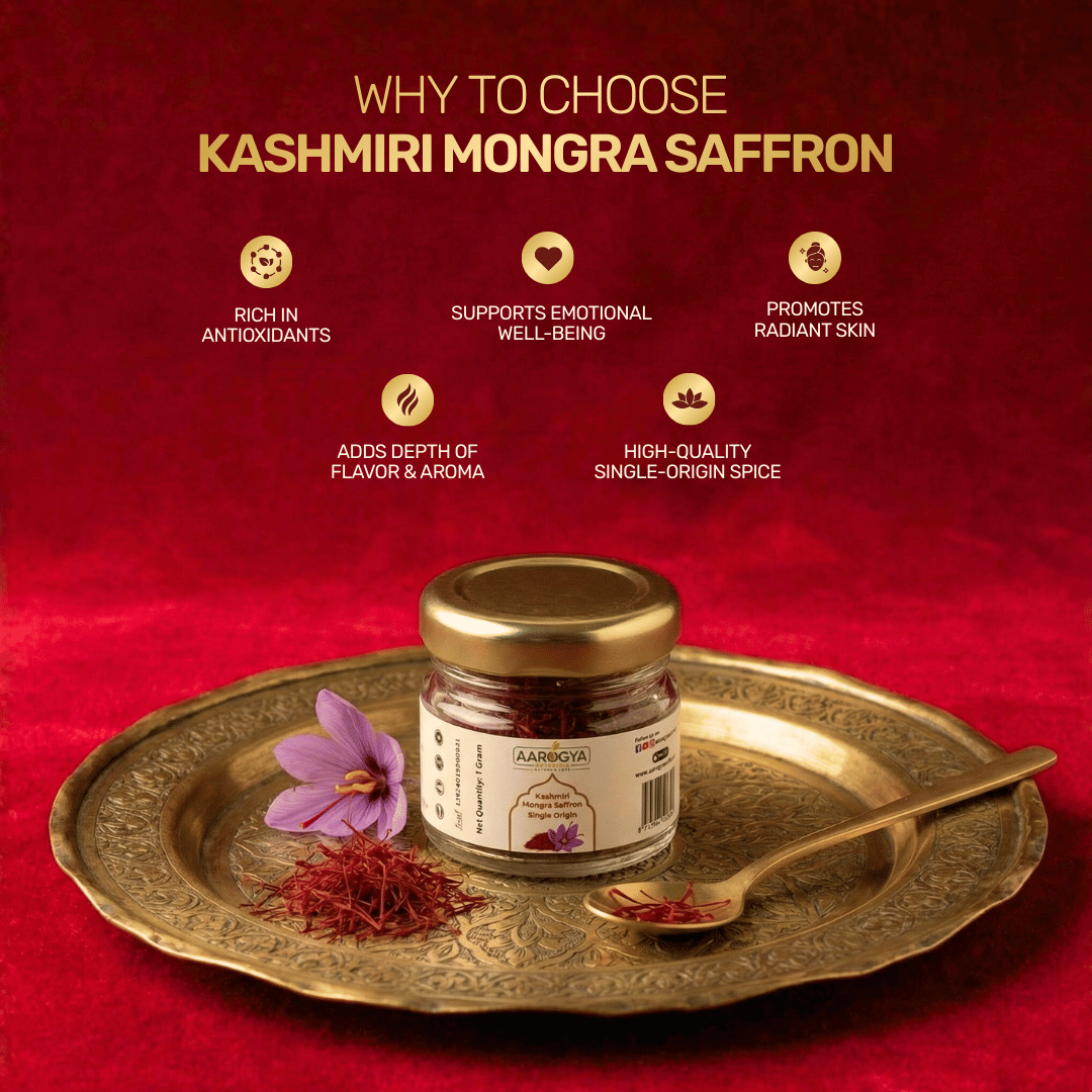 Aarogya Nutri Mix Kashmiri Mongra Saffron benefits – rich in antioxidants, supports emotional well-being, radiant skin and single-origin aroma