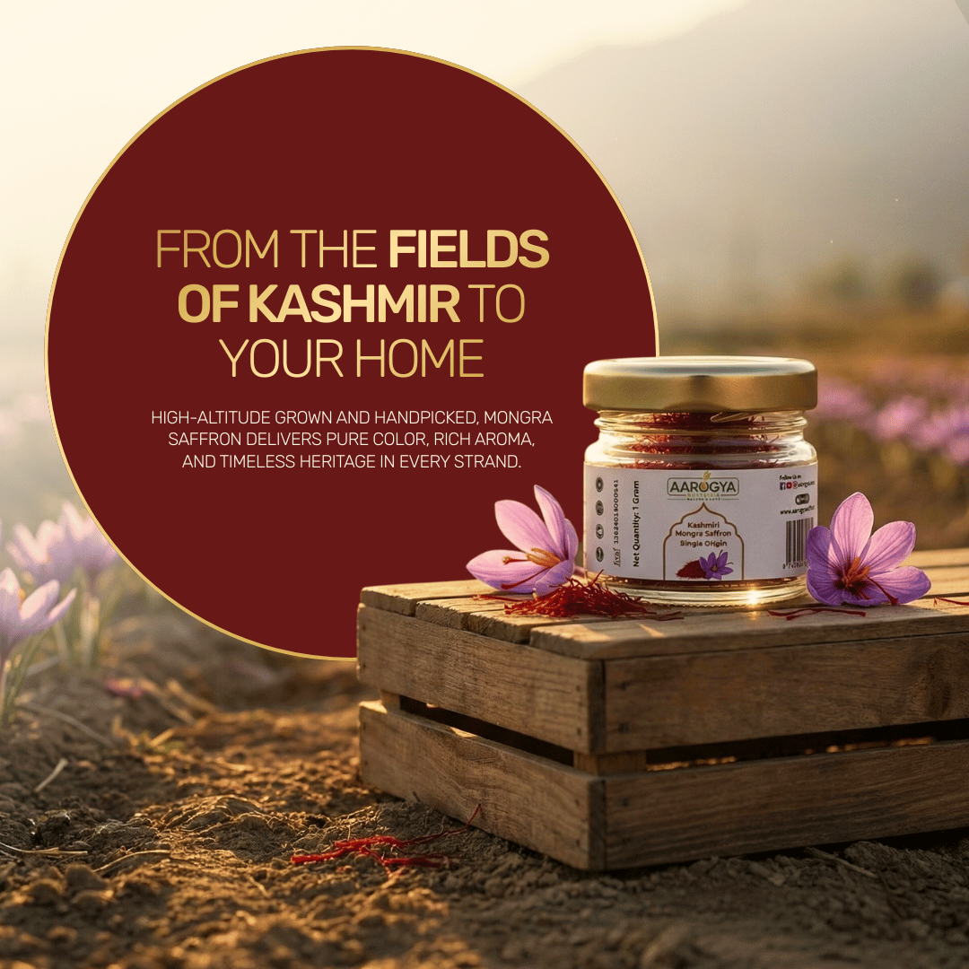Aarogya Nutri Mix Kashmiri Mongra Saffron glass jar on wooden crate, high-altitude handpicked from Kashmir fields, pure colour and rich aroma