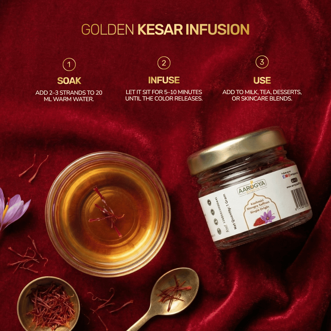 Aarogya Nutri Mix Kashmiri Mongra Saffron golden kesar infusion – soak 2-3 strands in warm water, infuse and add to milk, tea or desserts