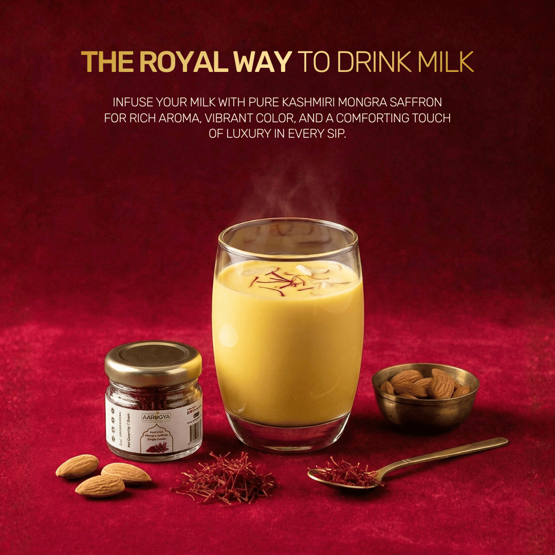 Aarogya Nutri Mix Kashmiri Mongra Saffron infused in warm golden milk with saffron strands, almonds and saffron jar on red background