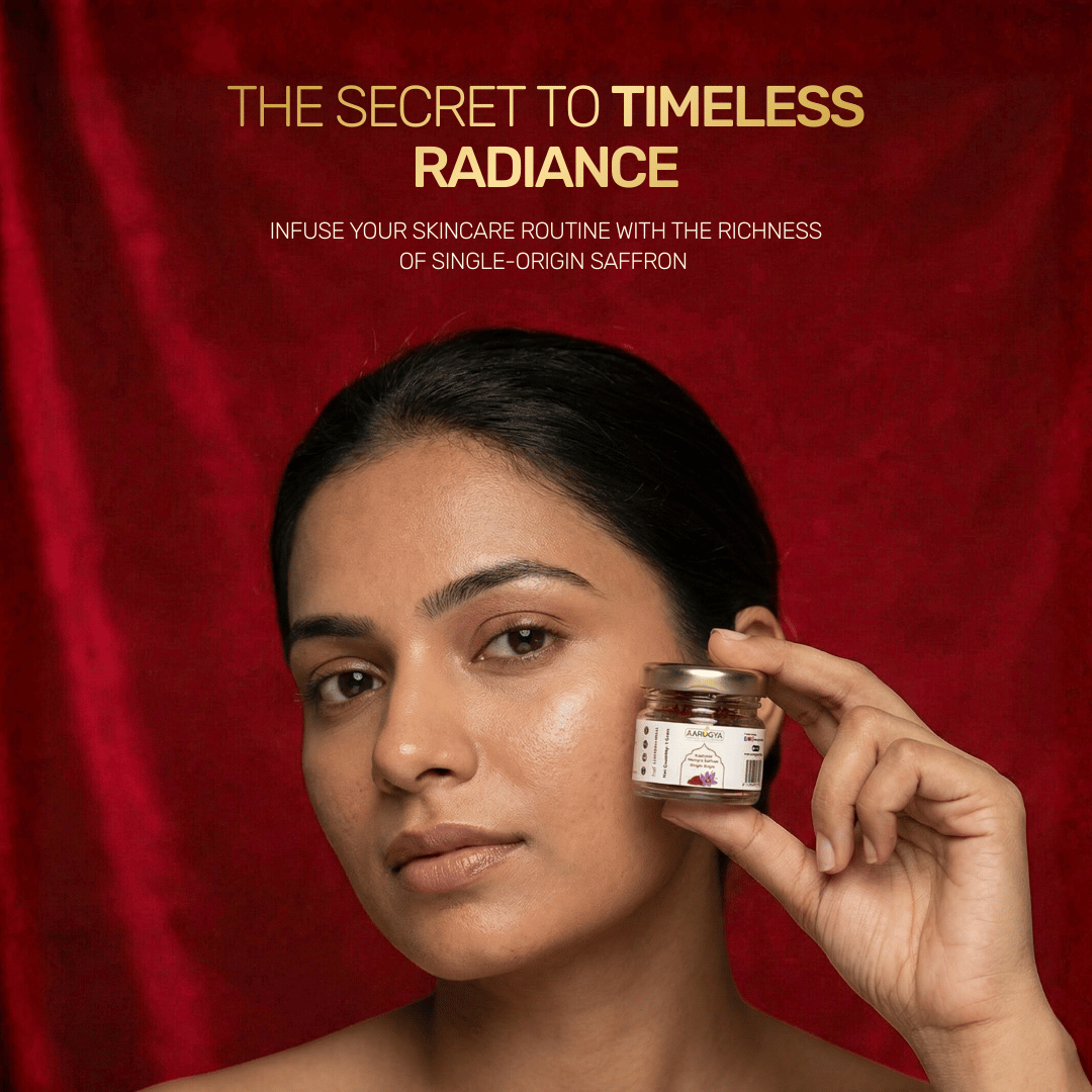 Aarogya Nutri Mix Kashmiri Mongra Saffron for radiant skin – woman holding saffron jar, single-origin saffron for timeless skincare glow
