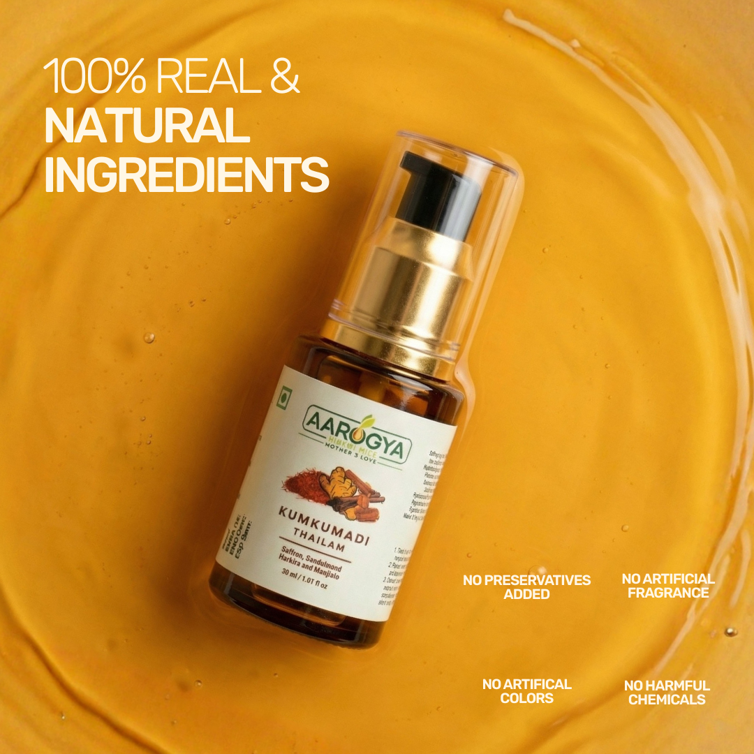 Aarogya Nutri Mix Kumkumadi Thailam 100% natural ingredients – no preservatives, no artificial fragrance, colours or harmful chemicals
